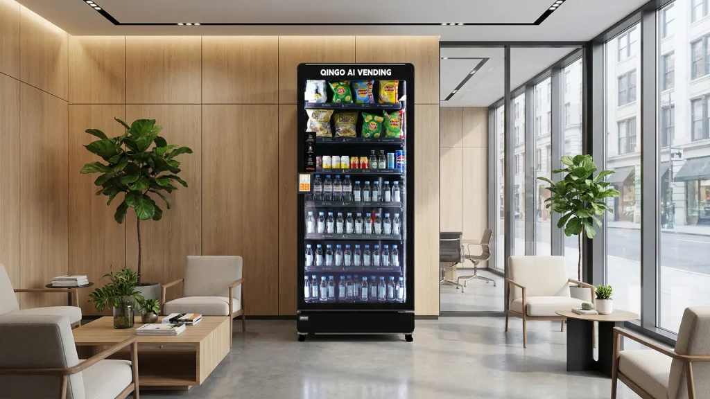 Qingo Ace 779 AI smart vending machine — 495-bottle capacity mid-range unit in office lobby setting