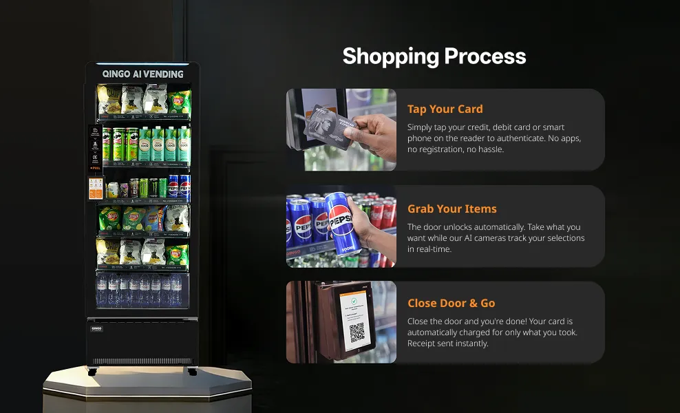 Qingo King 509 AI smart vending machine — 378-bottle capacity compact unit with tap-to-pay and grab-and-go shopping